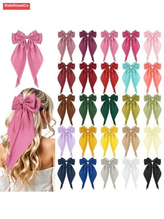 Accessories - 25 Oversized Satin Bow Hair Clips with Alligator Clips, Long Tail